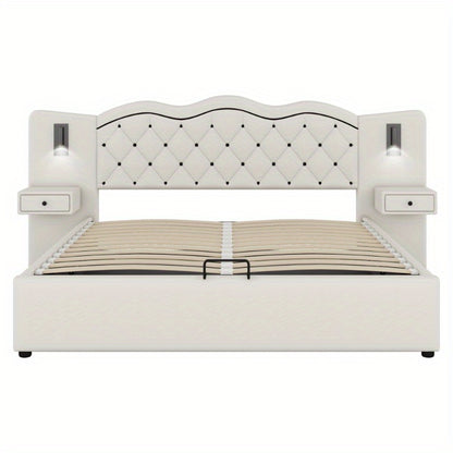 Bedframe – Ledikant – Slaapbank – Boxspring – Bed met Opbergruimte – Beige – Hydraulische Lift – Geïntegreerd Hoofdbord – 180x200 cm – Zachte Stof