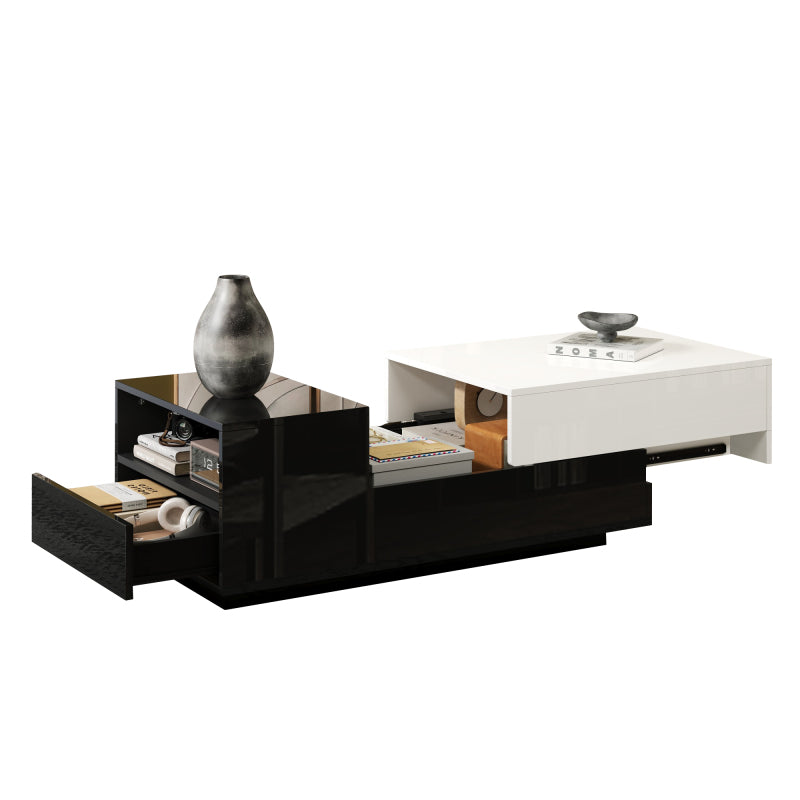 Salontafel – Koffietafel – Woonkamertafel – Dressoirtafel – Bijzettafel – Hoogglans Spaanplaat – Grote Opberglade Met Schuifplaat – Geometrisch Zwart-Wit Design