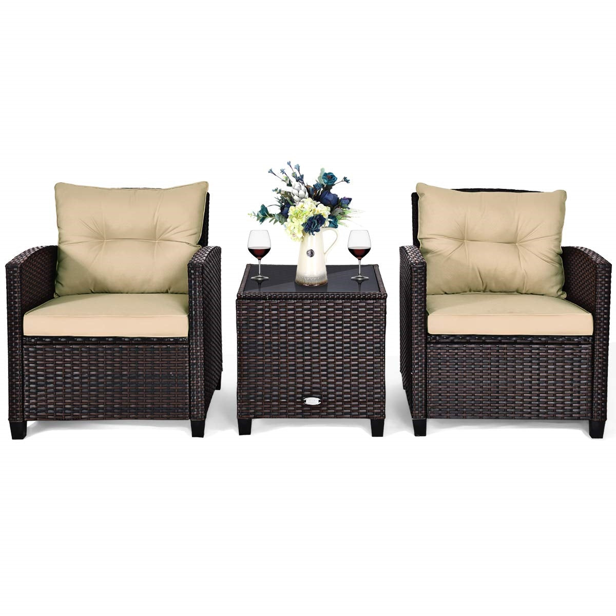 Tuinset – Rattan Tuinmeubelen – Polyrattan Zitgroep – Bistroset – Loungeset – 3-delig – Weerbestendig Stalen Frame – Inclusief Zitkussens en Glazen Tafelblad