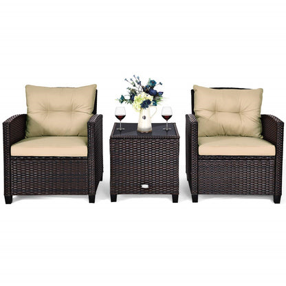 Tuinset – Rattan Tuinmeubelen – Polyrattan Zitgroep – Bistroset – Loungeset – 3-delig – Weerbestendig Stalen Frame – Inclusief Zitkussens en Glazen Tafelblad