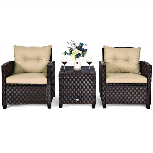 Tuinset – Rattan Tuinmeubelen – Polyrattan Zitgroep – Bistroset – Loungeset – 3-delig – Weerbestendig Stalen Frame – Inclusief Zitkussens en Glazen Tafelblad