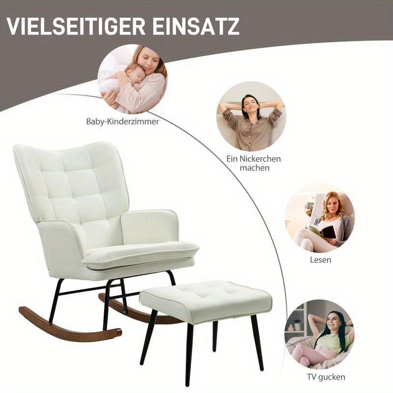 Draaifauteuil – Lounge Stoel – Relaxstoel – Schommelstoel – Fauteuil Met Voetenbank – Ergonomisch Design – Wit Zwart Hardhout & Metaal