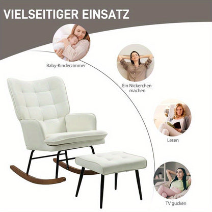 Draaifauteuil – Lounge Stoel – Relaxstoel – Schommelstoel – Fauteuil Met Voetenbank – Ergonomisch Design – Wit Zwart Hardhout & Metaal