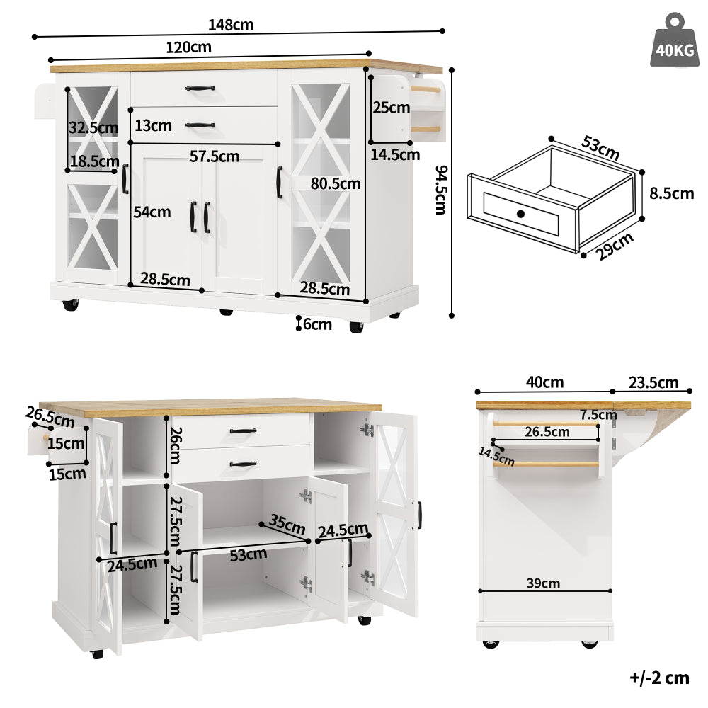 Keukentrolley – Keukenkast – Serveerwagen – Opbergtrolley – Keukenwagen – Wit – 4 Deuren met Glas – Verstelbare Planken – 2 Lades – Verrijdbaar – 120x40/63,5x94,5 cm – Modern Design