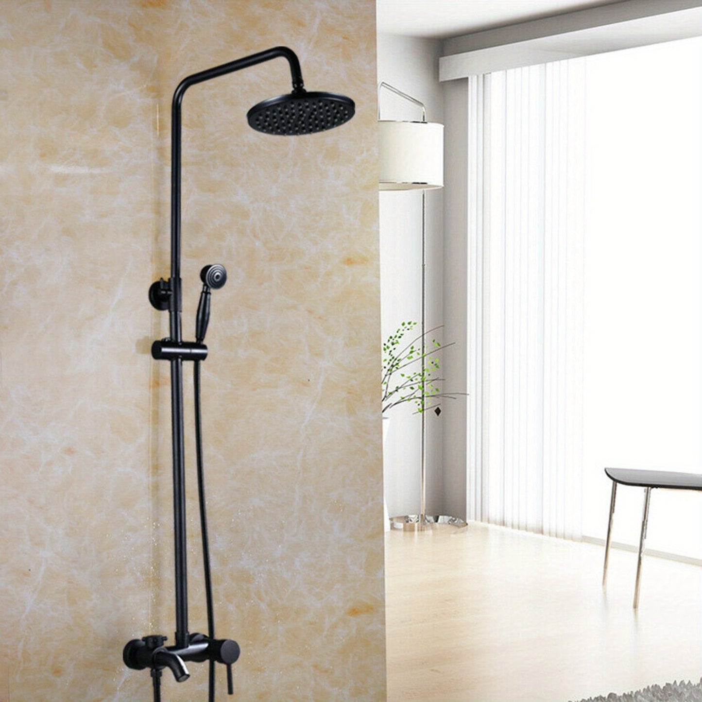 Douche Systeem – Douchekolom – Handdouche – Douchekraan – Wandgemonteerd – Zwart Design – RVS & Messing – Verstelbare Hoogte 85-110 cm