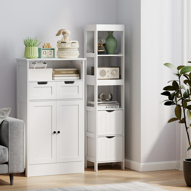 Compact MDF Freestanding Bathroom Shelf with 2 Drawers & 3 Open Shelves - Space-Saving Modern Bathroom Cabinet with Black Knobs, Moisture-Resistant Storage Organizer for Small Bathrooms, No Installation Required, Sturdy MDF C