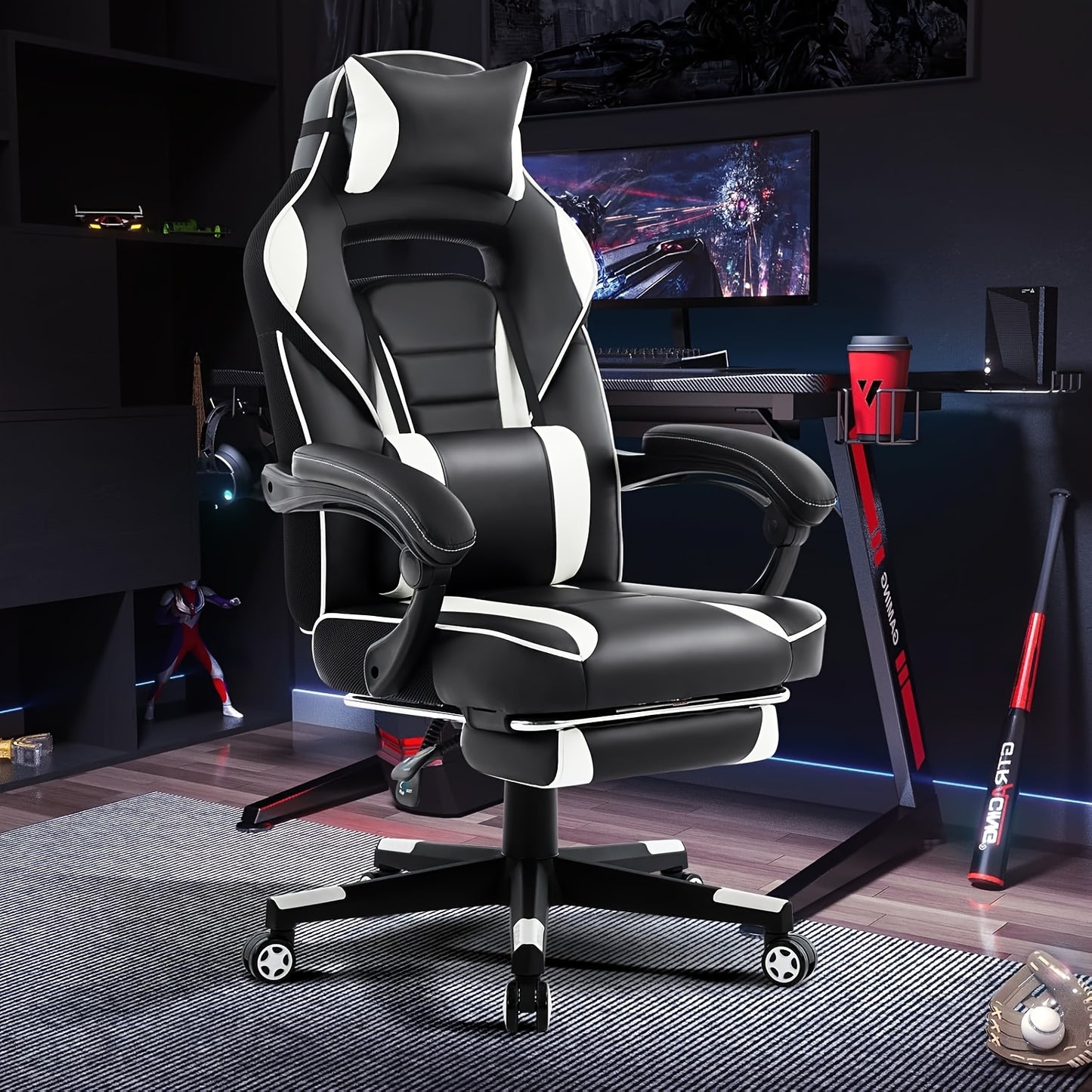 Ergonomic Gaming Chair with Massage Lumbar Support & Retractable Footrest - 360° Swivel, Height-Adjustable Computer Desk Chair with Headrest & Backrest Cushion, Quiet-Rolling Casters for Office & Home, Easy Assembly (No Tool