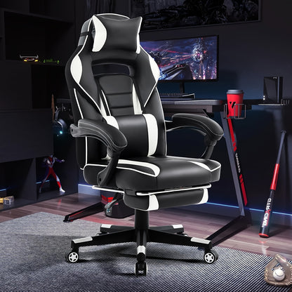 Ergonomic Gaming Chair with Massage Lumbar Support & Retractable Footrest - 360° Swivel, Height-Adjustable Computer Desk Chair with Headrest & Backrest Cushion, Quiet-Rolling Casters for Office & Home, Easy Assembly (No Tool