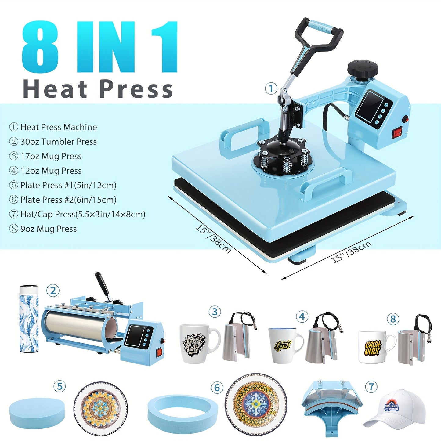 Transferpers – Hittepers – Warmtepers – Heat Press – Drukpers – 8-in-1 Functies – 38x38 cm – RVS Behuizing