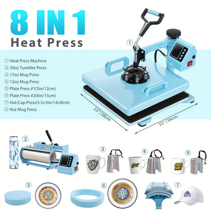 Transferpers – Hittepers – Warmtepers – Heat Press – Drukpers – 8-in-1 Functies – 38x38 cm – RVS Behuizing