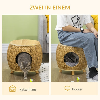 Kattenhol – Kattenhuis – Kattenmand – Kattenbed – Kattenhut – Lichtbruin – Waterhyacint Gras – Wasbaar Kussen – 44x43x42 cm