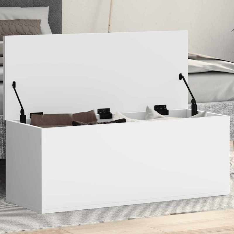 White Modern Minimalist Wooden Storage Box with Open Lid - Large Rectangular Organizer Chest for Bedroom, Living Room, Home Office - Sturdy Wooden Construction, Space-Saving Design, Multi-Purpose Furniture for Clothes, s