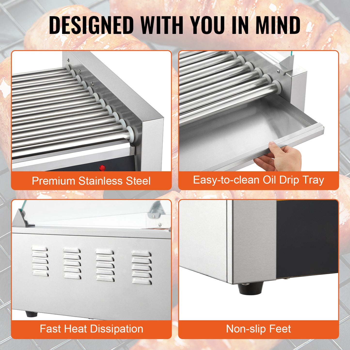 Hotdog Grill – Hotdog Roller – Worstjes Grill – Snackgrill – Elektrische Hotdog Maker – 11 Rollers Voor 30 Hotdogs – Professioneel RVS Met Temperatuurregeling Tot 250°C