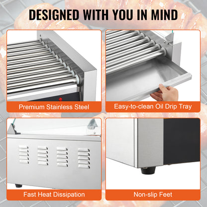 Hotdog Grill – Hotdog Roller – Worstjes Grill – Snackgrill – Elektrische Hotdog Maker – 11 Rollers Voor 30 Hotdogs – Professioneel RVS Met Temperatuurregeling Tot 250°C