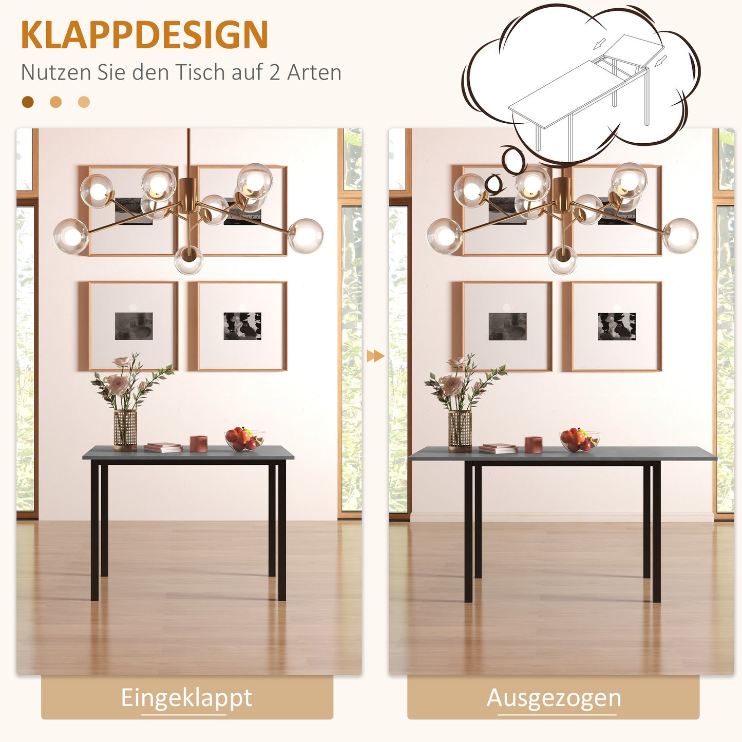 Eettafel – Keukentafel – Uitschuifbare Tafel – Uitklapbare Eettafel – Tafel Voor 6 Personen – Donkergrijs – Melamine Blad – Stalen Poot