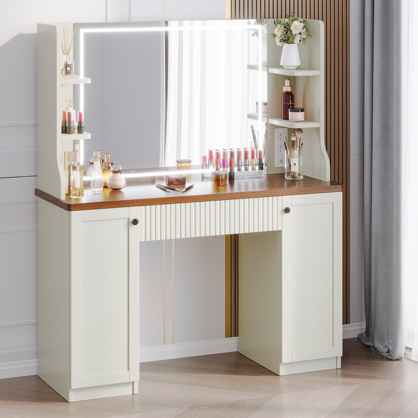 Make-up Tafel – Make-up Bureau – Kaptafel – Schoonheidstafel – Visagie Tafel – Wit Hout & Glas – 90 cm Breedte – 3,2 Kubieke Voet Opbergruimte – Inclusief Zachte Zitbank