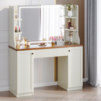 Make-up Tafel – Make-up Bureau – Kaptafel – Schoonheidstafel – Visagie Tafel – Wit Hout & Glas – 90 cm Breedte – 3,2 Kubieke Voet Opbergruimte – Inclusief Zachte Zitbank