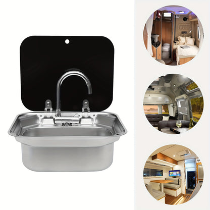 Wasbak – Spoelbak – Wastafel – Afwasbak – Roestvrij Stalen Camper Spoelbak – Compact Formaat – Temperglas Deksel