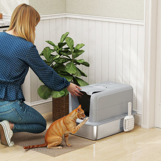 Kattenbak – Kattentoilet – Kattenbak Zwart – Kattenbak Open – Gesloten Kattenbak – Roestvrijstalen Binnenbak – Geurfilter Met Schep – Ruim Voor Katten Tot 6 Kg – Grijs/Zilverkleurig 40,5x60,5x41,5 cm