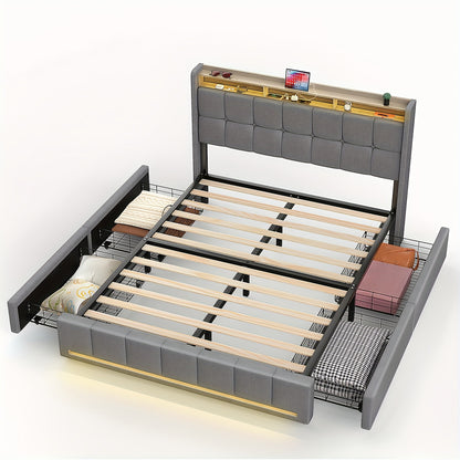Opbergbed 90x200 cm – Opbergbedden – Ladebed – Bed met Opbergruimte – Slaapbank – Grijs Gestoffeerd – 4 Ruime Lades – Ingebouwd Oplaadstation