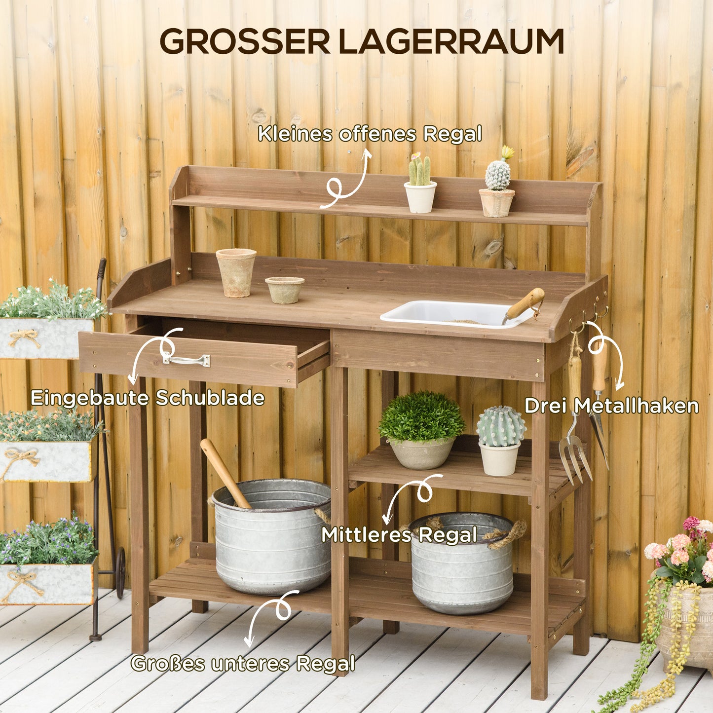 Tuinwerktafel – Plantentafel – Bloementafel – Tuinbureau – Werkbank – Grenenhout – Wasbak Ingebouwd – Werkhoogte 90 cm