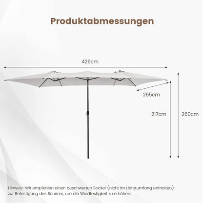 Dubbele Tuinparasol – Dubbele Parasol – Terrasparasol – Grote Parasol – Buitentent – 426 x 265 x 260 cm – Handige Crank Bediening