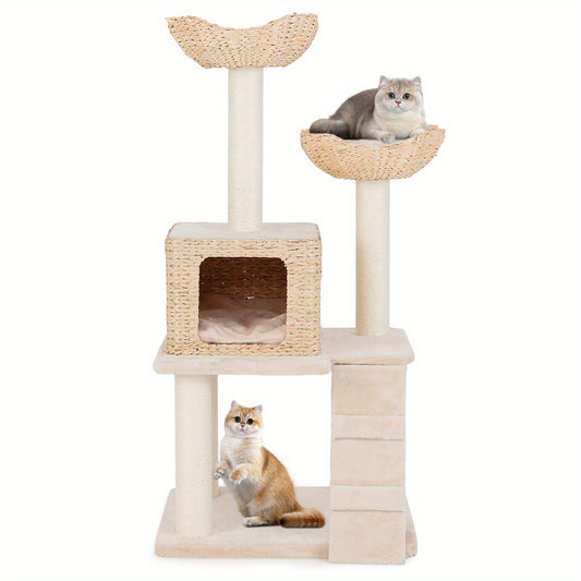 Kattenboom – Krabpaal – Klimpaal – Kattenmeubel – Katzenhuis – Natuurlijk Sisaltouw – Handgevlochten Cat-Tail – Wasbare Kussens – 60x48x122 cm – Stevige Constructie