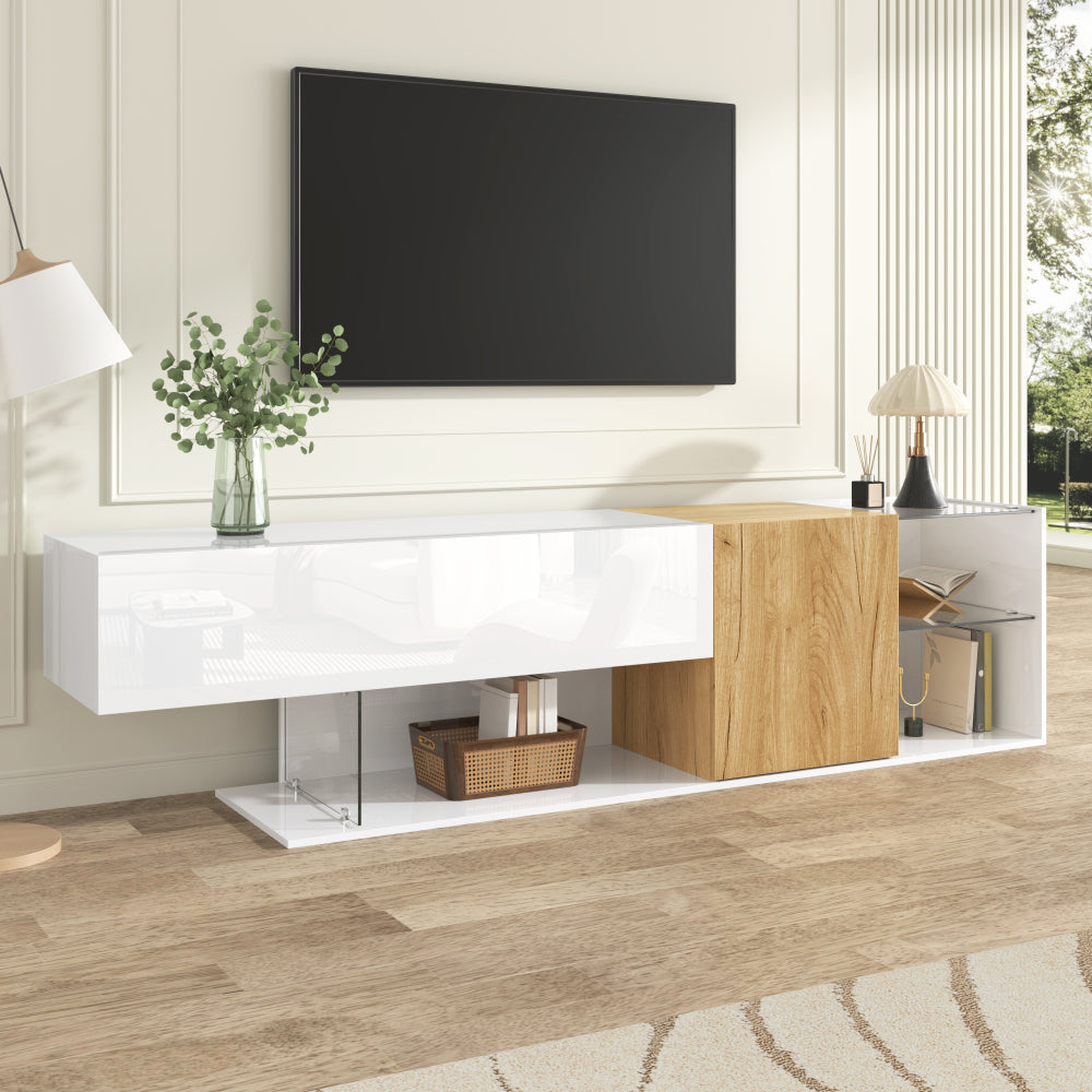 TV-meubel – TV-kast – Mediameubel – Entertainmentmeubel – Salontafel – Hoogglans Wit – 180 cm Breed – Glasplanken – Minimalistisch Design