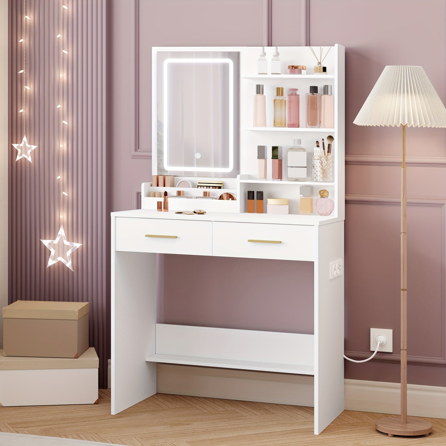 Kaptafel – Make-uptafel – Cosmeticatafel – Vanity – Opmaaktafel – LED Verlichting – 2 Lades & 2 USB Stopcontacten – Wit – 80x40x140 cm – Houtvezelplaat