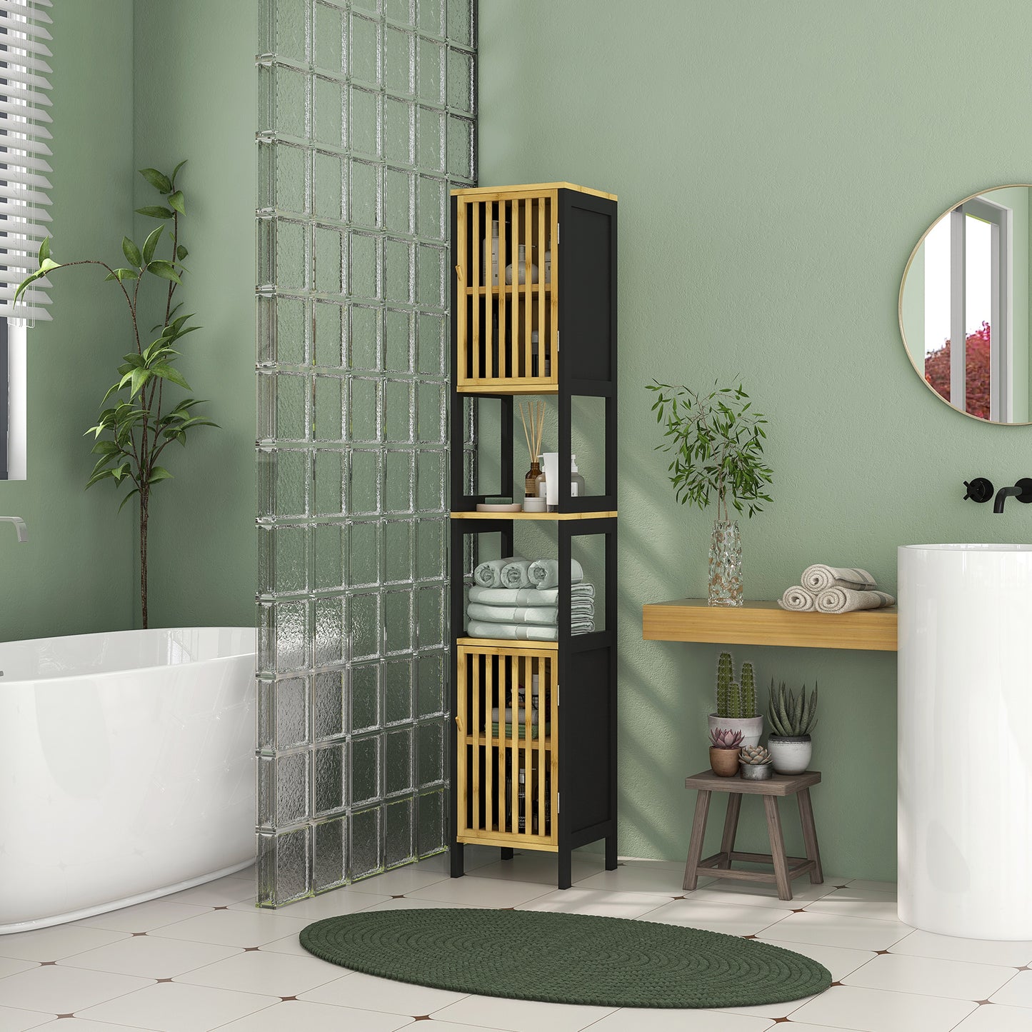 Badkamer Kolomkast – Opbergkast – Standaardkast – Badkamermeubel – Kast Met Deuren – Twee Deuren En 2 Open Niches – Compact 30x32x172 cm – Anti-Kantel Veilig