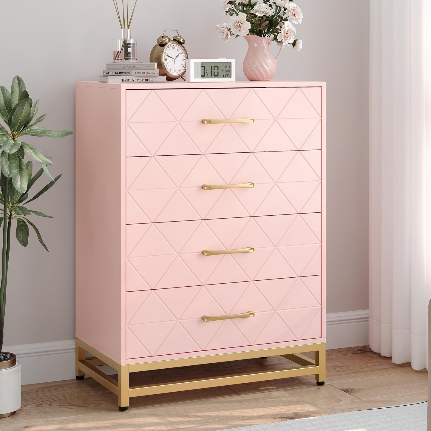 Ladekast – Dresser – Kast – Opbergkast – Ladekastje – Roze met Gouden Accenten – 3,2+ Kubieke Voet Opbergruimte – 68,5 cm Hoog – 2 Laden en 2 Planken – Stevig en Duurzaam – Eenvoudig Zelf Te Monteren