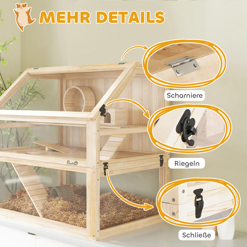 Houten Hamsterkooi – Hamsterkooi 3-laags – Hamsterverblijf – Knaagdierkooi – Kleine Huisdieren Kooi – Ruim 3-niveaus Met Trap – Natuurlijk Zacht Hout & Ventilatierooster – 80x50x76 cm, Geïntegreerd Loopwiel, Scharnierend Deksel