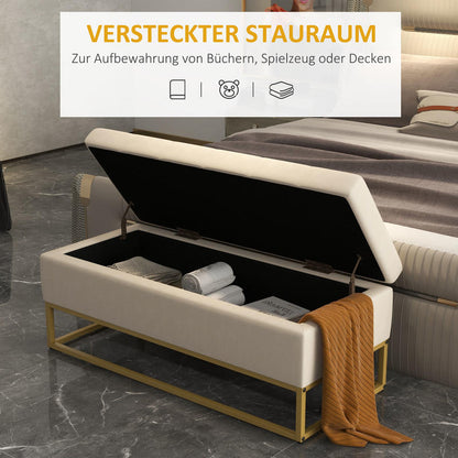Storage Bench with Decorative Button Tufting, Flannel Look, Gold Steel Legs, 110 x 47 x 46.5 cm
