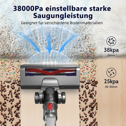 Wireless Vacuum Cleaner, 38000Pa Suction Power – 50 Minutes Runtime – 5-in-1 HEPA Filter System – 1.6L Large Dustbin – Pet-Friendly Anti-Tangle Brush – Suitable for Floors, Carpets, and Cars