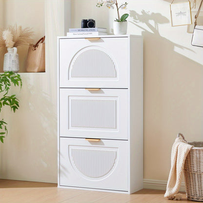 Modern White Narrow Shoe Cabinet with 3-Tier Shelves & Baffles - Space-Saving Vertical -Standing MDF Shoe Storage Unit, Golden-Like Label-Compatible for Hallway, Living Room, Entryway - Compact Shoe Rack (60x24x114cm), Shoe S