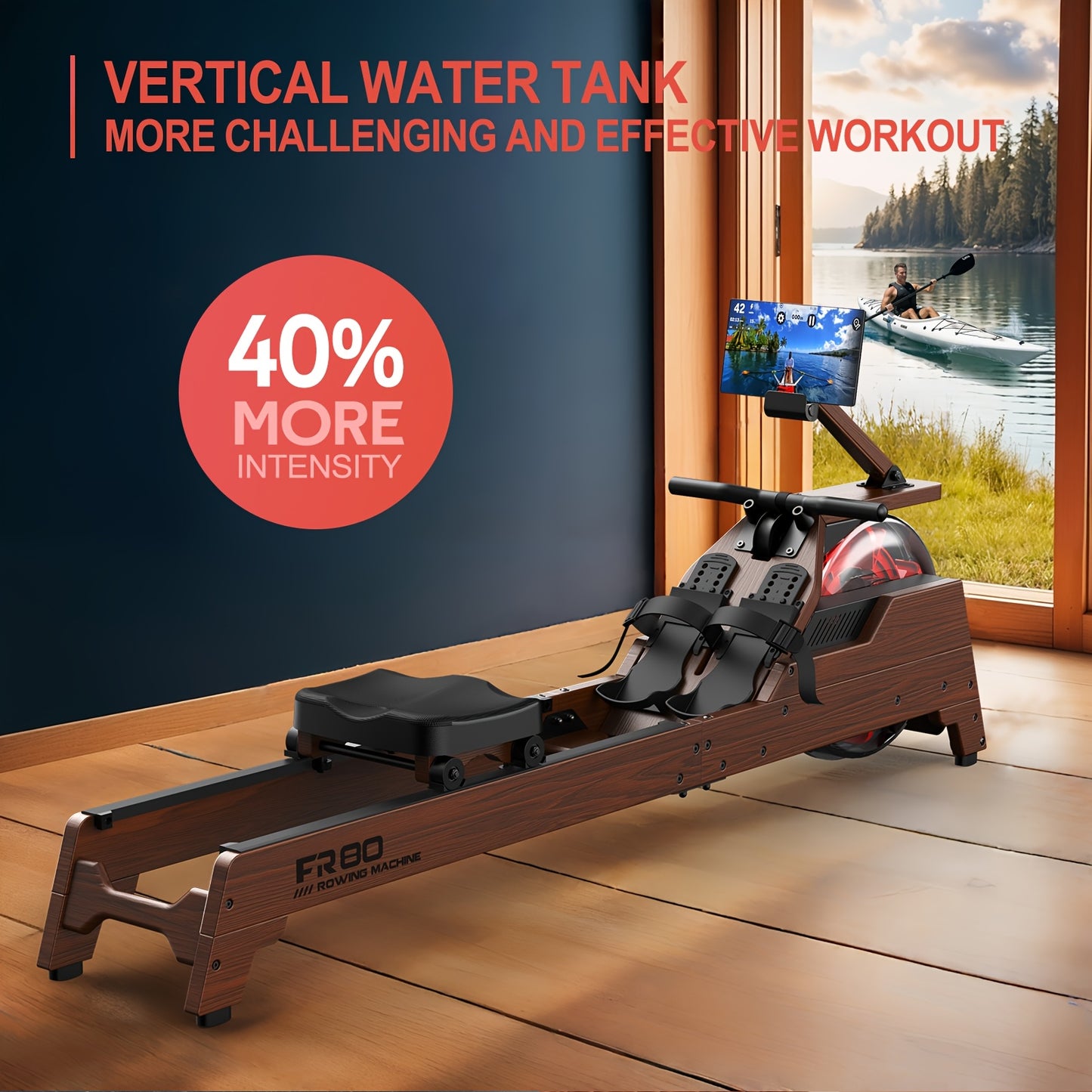 Houten Roeimachine – Waterroeier – Fitnessroeier – Home Gym Roeier – Indoor Roeimachine – 50% Meer Weerstand – Draadloze Monitor – Maximale Lengte 200 cm – Zonder Batterij