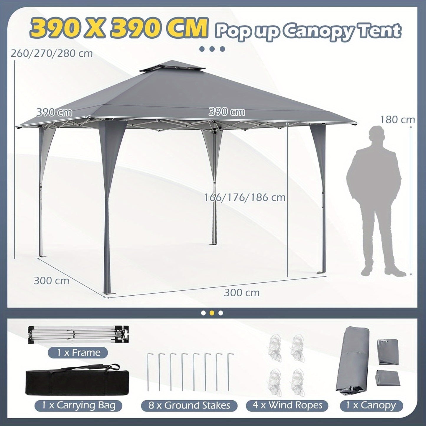 Partytent – Paviljoen – Pop-Up Tent – Feesttent – Tuintent – Extra Groot 3,96x3,96 m – Waterafstotend Oxford Doek & Verstelbare Hoogte