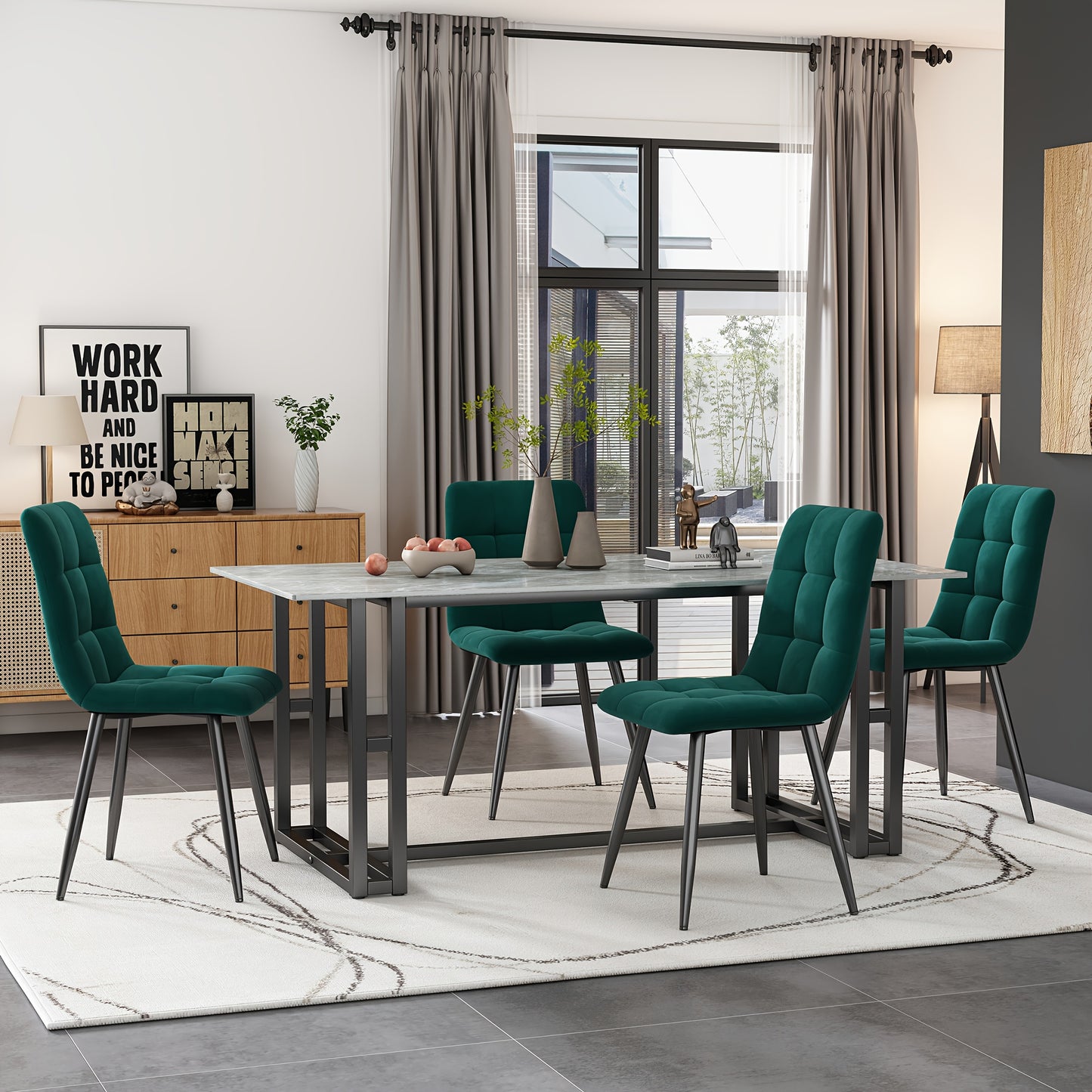 4pcs Modern Dark Green Luxury Dining Chairs Set - Green Velvet Upholstery & Sturdy Metal Frame, Solid Backrest & Leg Design, Easy-Clean Fabric, Plush Seating for Dining Table, Kitchen, or Home - Contemporary Style, Rich Green