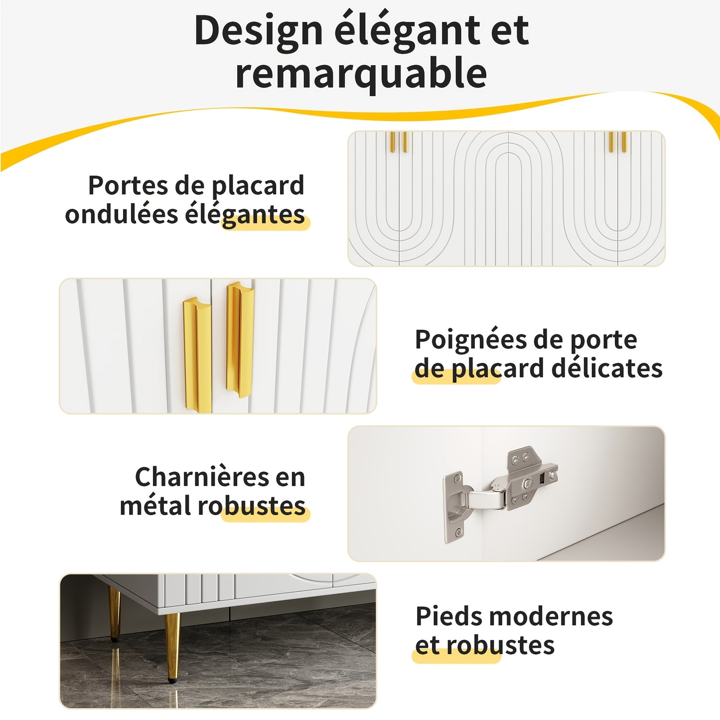 Dressoir – Sideboard – Opbergkast – Ladekast – Buffetkast – Wit Modern – MDF Met Golvende Patronen – Gouden Accenten & Poten