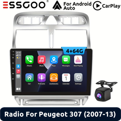 Multimediaspeler Peugeot 307 – Autoradio – 2 DIN Headunit – Navigatiesysteem – Touchscreen Radio – 9 Inch HD Scherm – Android 14 Systeem – Draadloze CarPlay & Android Auto – 4GB RAM 64GB Opslag – GPS Navigatie – AHD Achteruitrijcamera