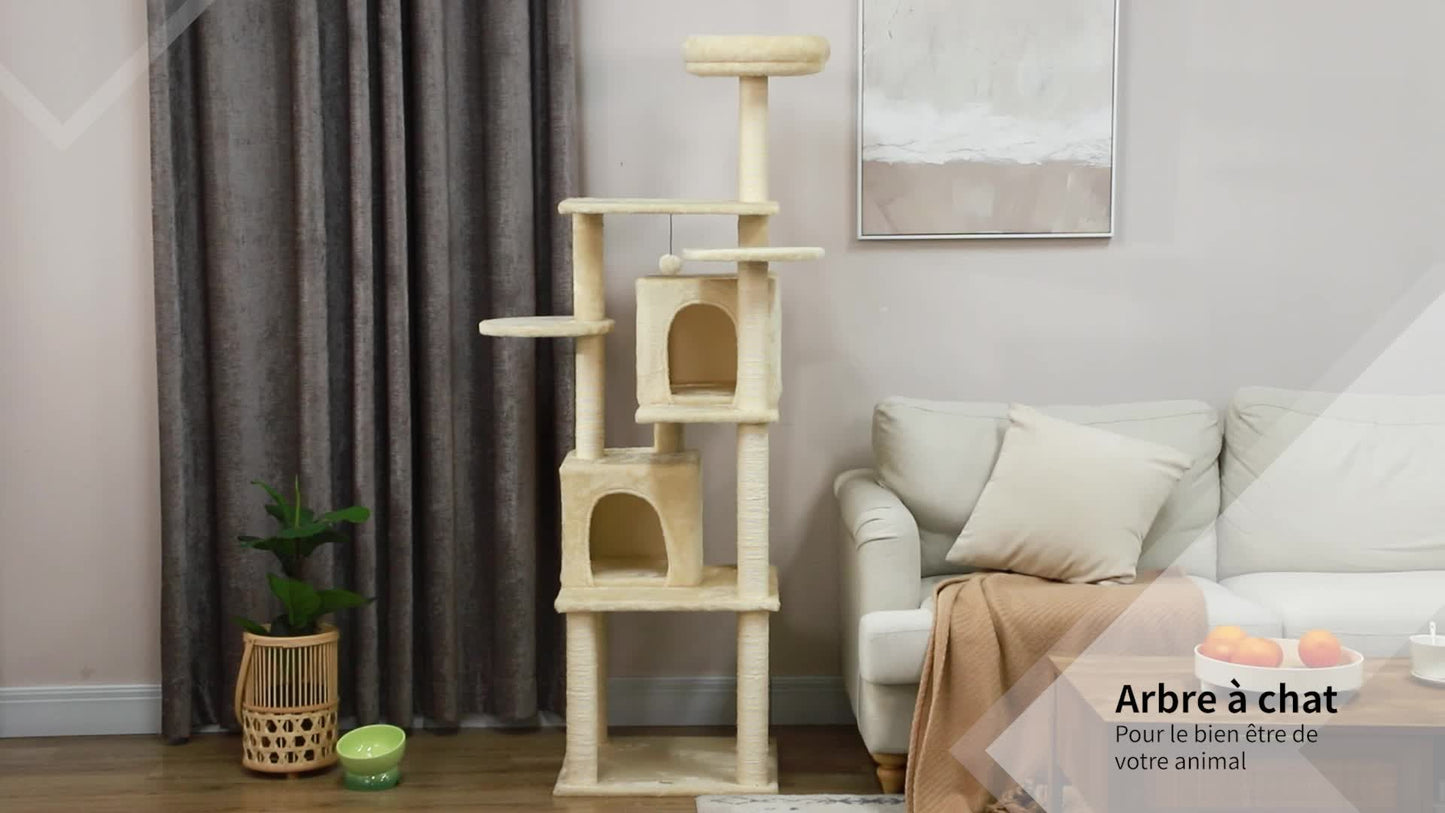 Krabpaal – Kattenboom – Kattenhuis – Krabmeubel – Kattenpaal – 171 cm Hoog – Met 2 Nestjes en 6 Platforms – Natuurlijk Sisal & Hangpompons
