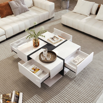 Modern High-Gloss Coffee Table with 4-Drawer Tabletop & Under-Table Storage - Metal Frame, Assembly, Space-Saving Design - Shiny Glossy for Small Apartments, - Model Compatible for Multi-Space Use (Assembly Required)
