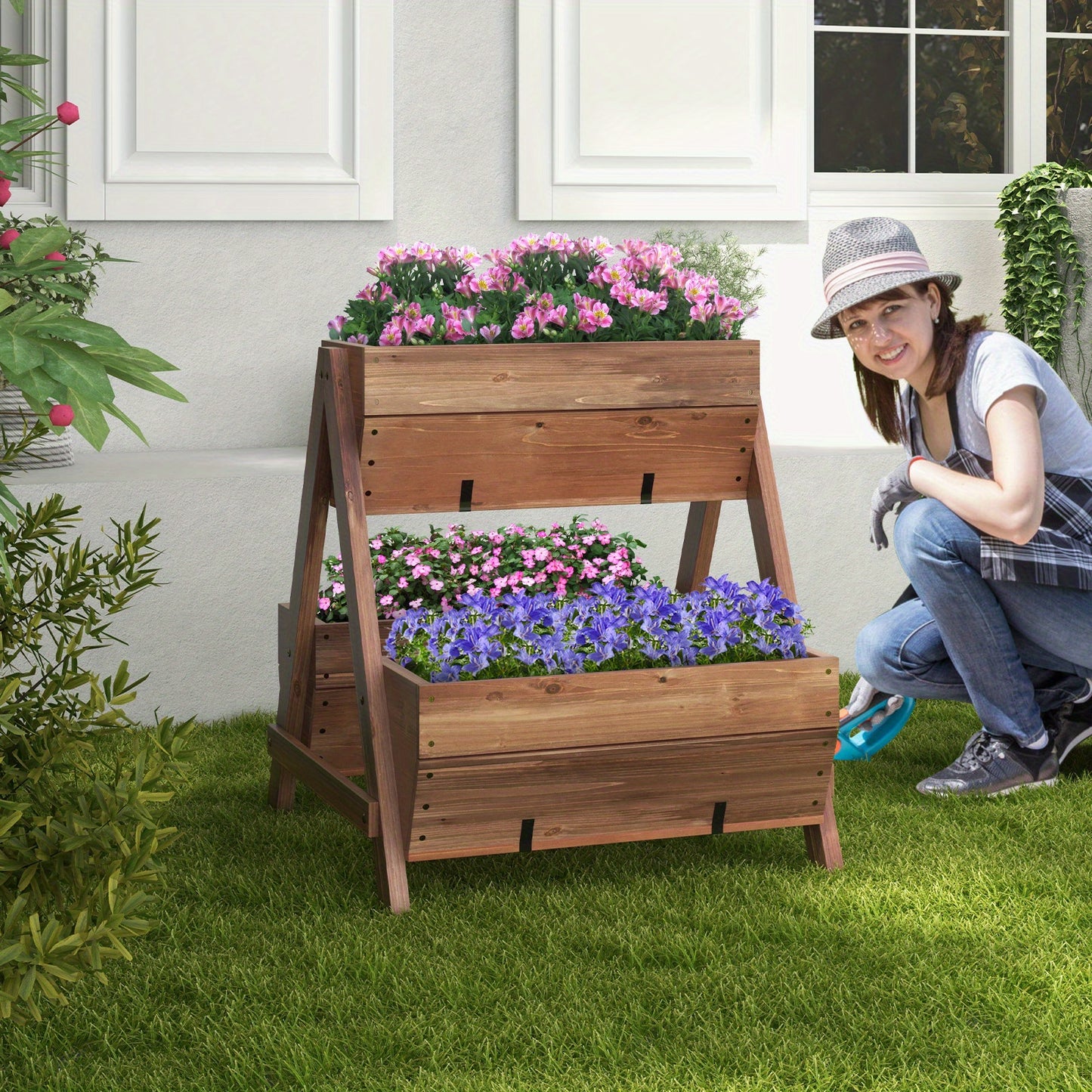 Plantenrek – Plantenstandaard – Plantentafel – Bloemenrek – Plantenetagère – Verticale Verhoogde Tuinbak – Vurenhout Met 3 Niveaus – Met Drainagegaten