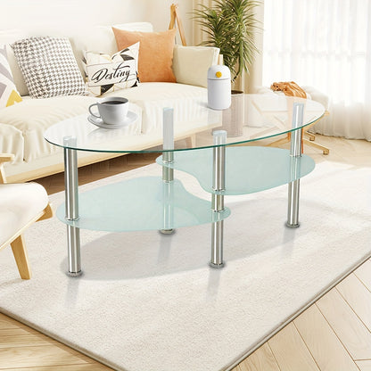 Salontafel – Koffietafel – Bijzettafel – Woonkamertafel – Tafel – Modern – Gehard Glas – Ovaal – Met Metalen Poten – 2 Opbergniveaus – 90x50x43 cm