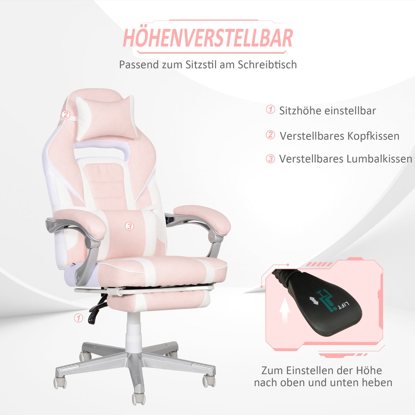 Gamingstoel – Game Stoel – Bureaustoel – Gamelounge Stoel – Draaistoel – Roze Kunstleer – Verstelbare Hoogte 48-55,5 cm – Kantelbare Rugleuning tot 150° met Voetensteun