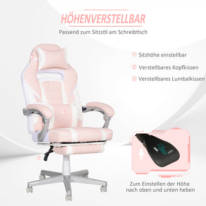 Gamingstoel – Game Stoel – Bureaustoel – Gamelounge Stoel – Draaistoel – Roze Kunstleer – Verstelbare Hoogte 48-55,5 cm – Kantelbare Rugleuning tot 150° met Voetensteun