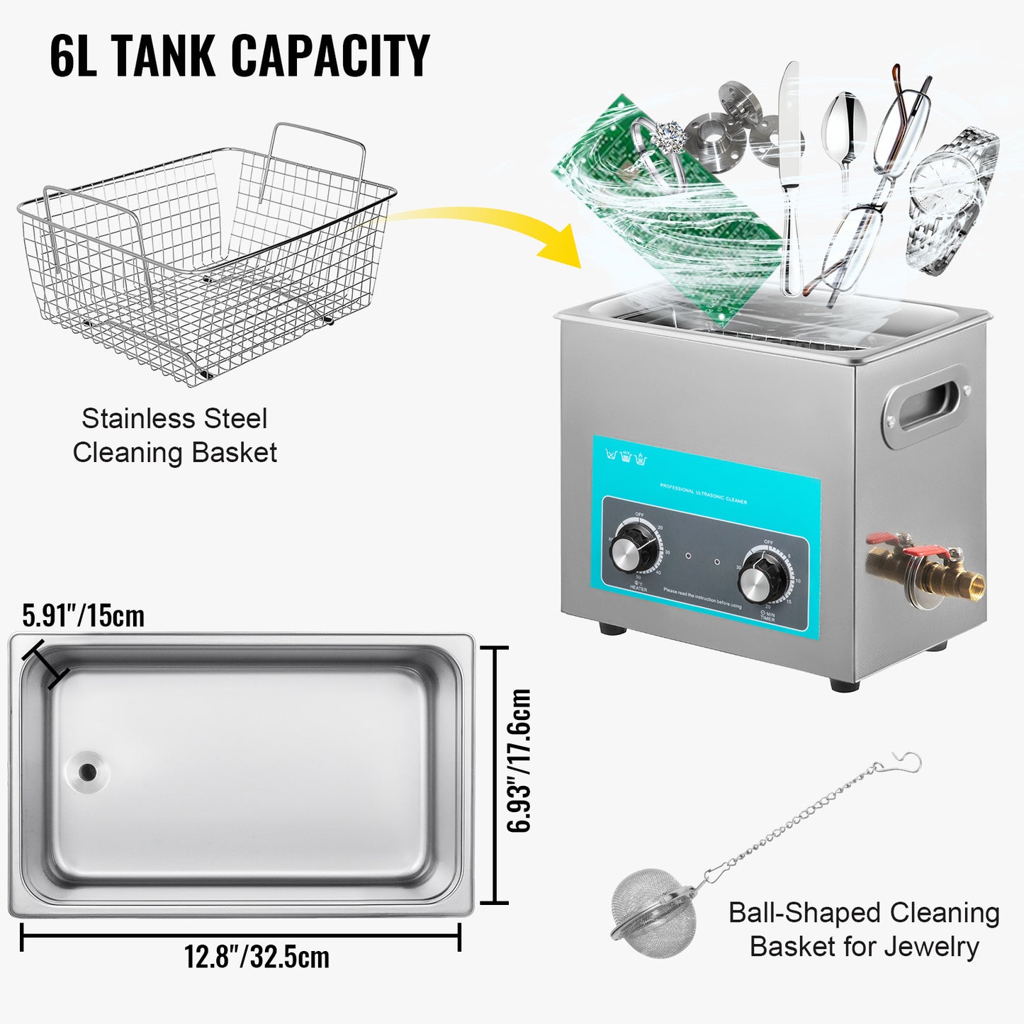 Ultrasone Reinigingsmachine – Ultrasoon Reiniger – Sieradenreiniger – Tafelmodel Reiniger – Roestvrijstalen Tank – 6,5 Liter Inhoud – Verstelbare Verwarming 20-80°C