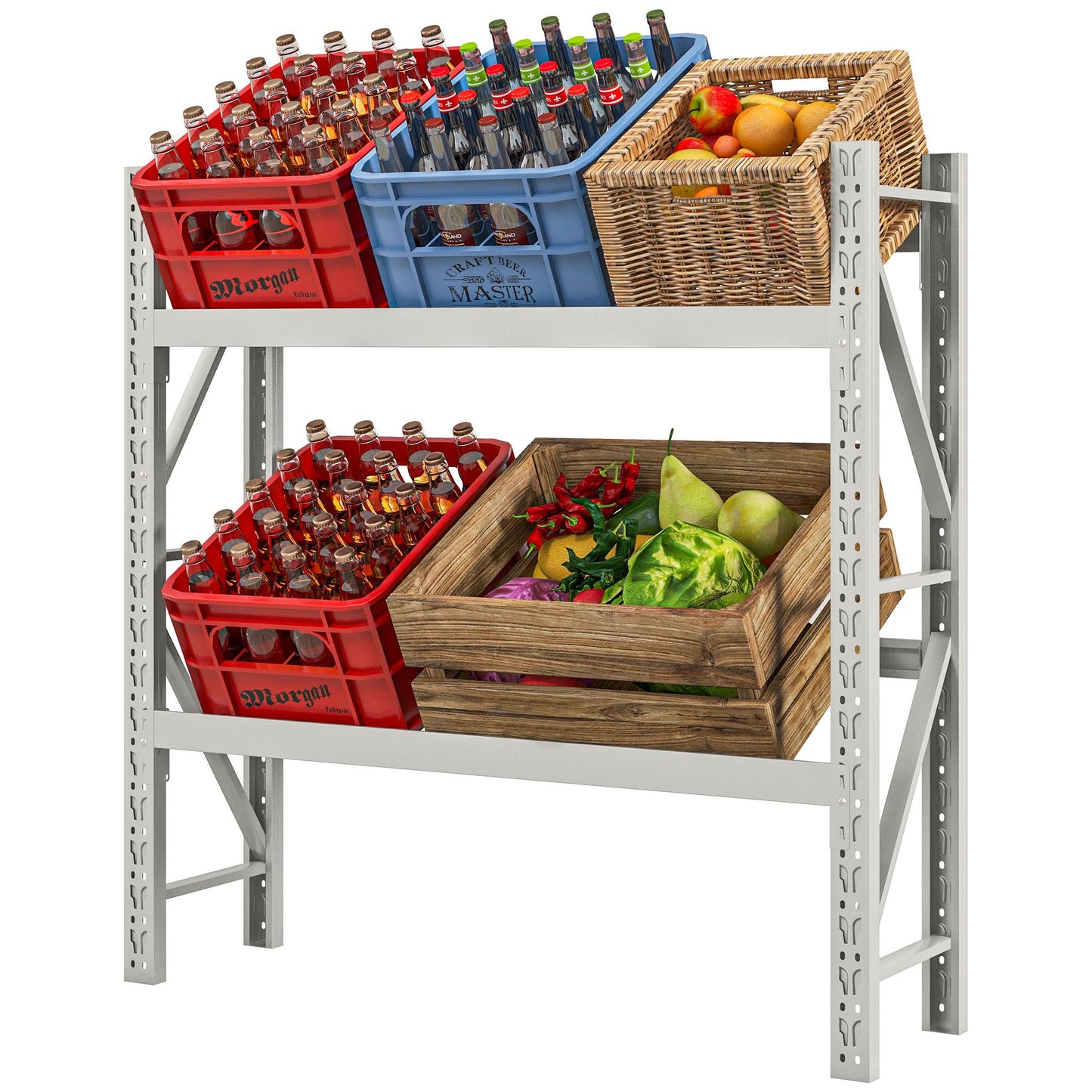 Drankenkistenrek – Bewaarkastje – Opbergrek – Krattenrek – Stelling – Wit Stalen Frame – Verstelbare Hoogte – 110x30x110 cm – 6 Kratten capaciteit