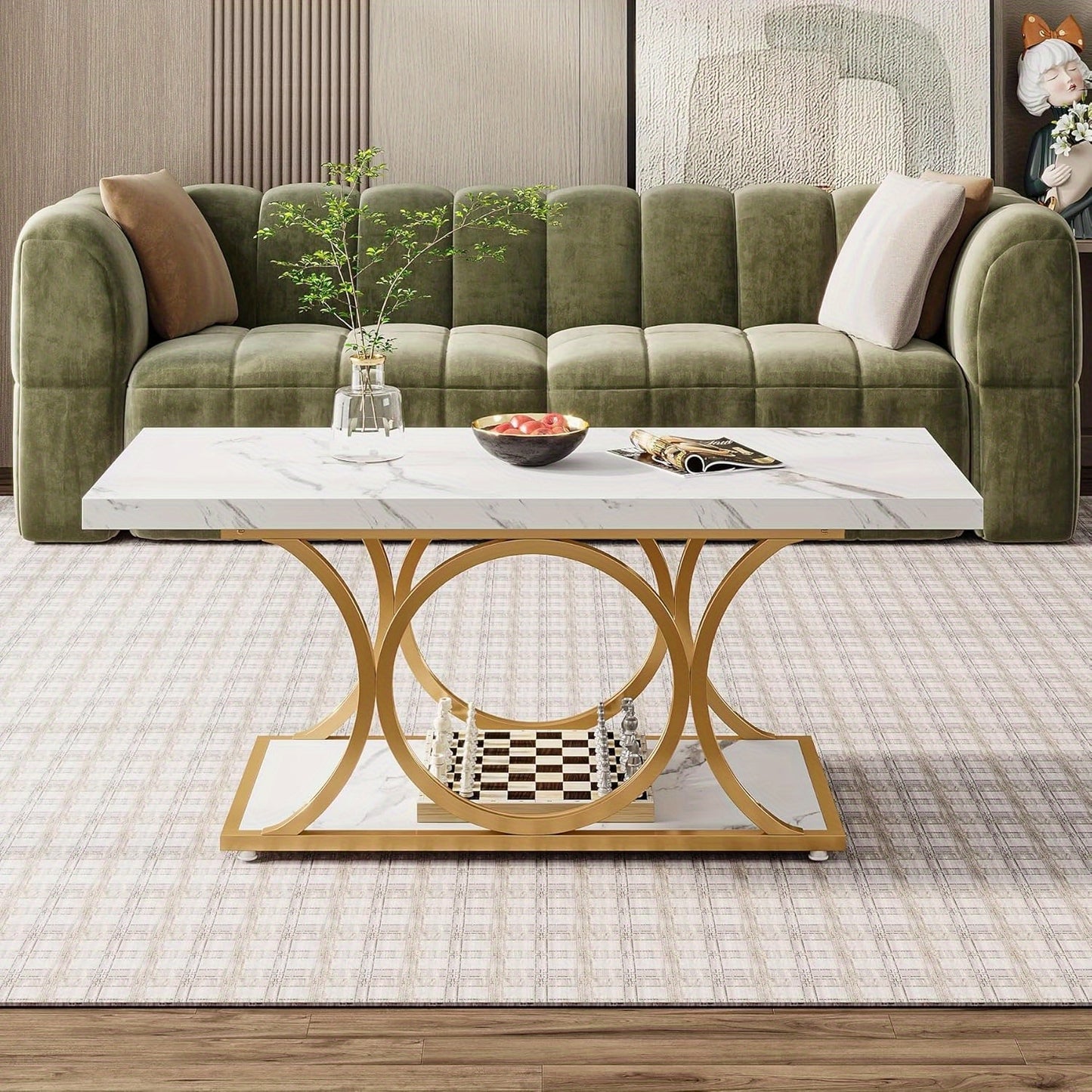 Salontafel – Woonkamertafel – Bijzettafel – Koffietafel – Lounge tafel – 120 cm Wit Goud – Nepmarmeren Blad – Opbergruimte & Geometrisch Metaalframe