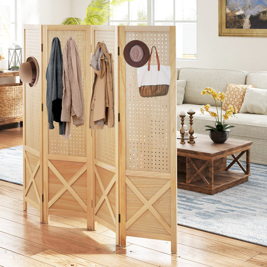 Kamerscherm – Roomdivider – Scheidingswand – Paravent – Privacyscherm – Hout – 4 Panelen – Inklapbaar & Pegboard